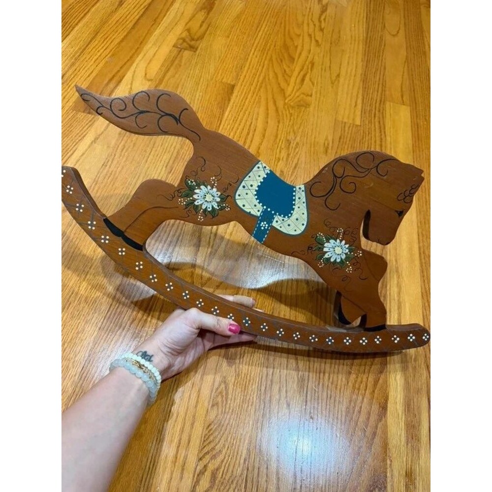 Vintage rocking horse painted floral wall decor sign